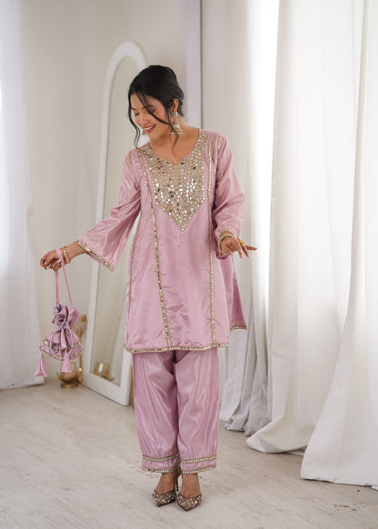 Real Mirror Work Kurti Pant Set with Batwa Bag - 2 Piece Suit