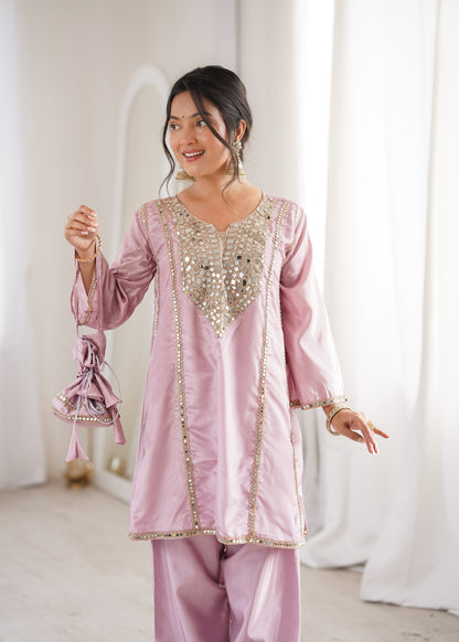 Real Mirror Work Kurti Pant Set with Batwa Bag - 2 Piece Suit