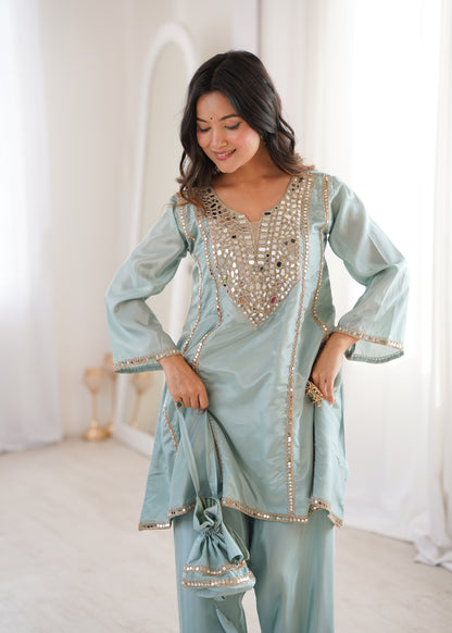Real Mirror Work Kurti Pant Set with Batwa Bag - 2 Piece Suit