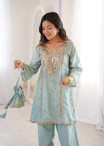 Real Mirror Work Kurti Pant Set with Batwa Bag - 2 Piece Suit