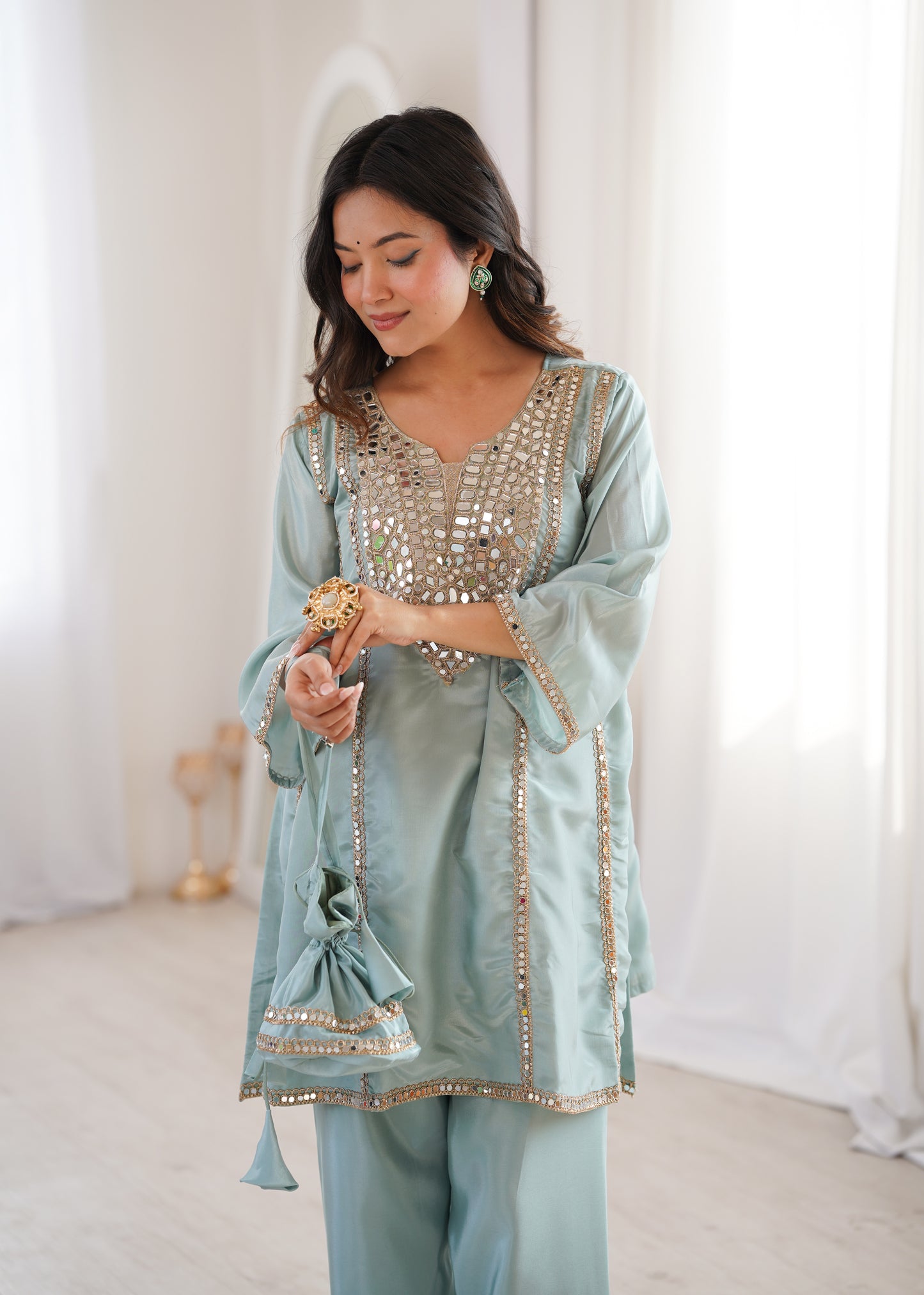 Real Mirror Work Kurti Pant Set with Batwa Bag - 2 Piece Suit