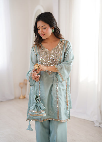 Real Mirror Work Kurti Pant Set with Batwa Bag - 2 Piece Suit