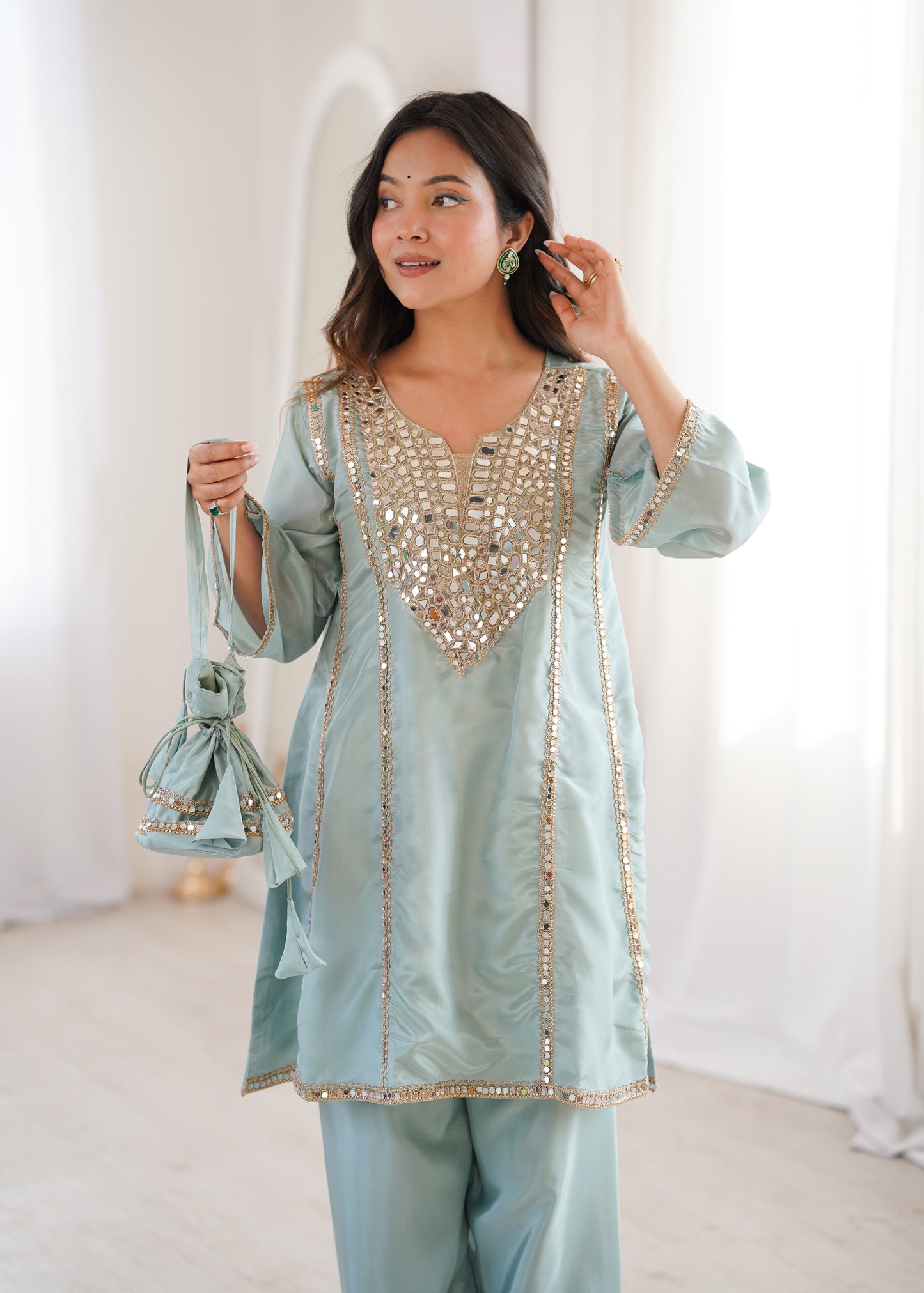 Real Mirror Work Kurti Pant Set with Batwa Bag - 2 Piece Suit