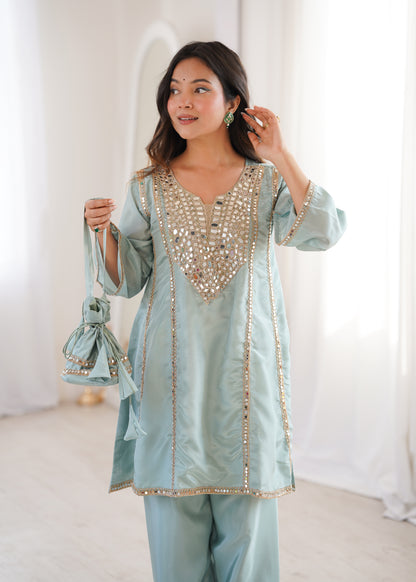 Real Mirror Work Kurti Pant Set with Batwa Bag - 2 Piece Suit
