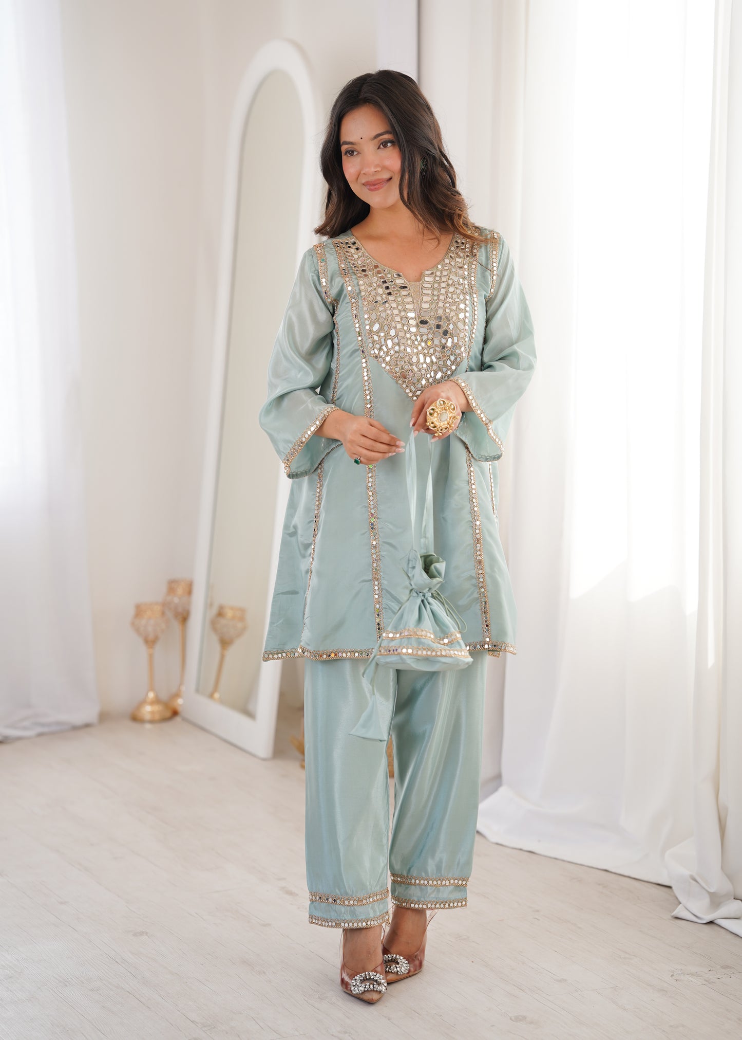 Real Mirror Work Kurti Pant Set with Batwa Bag - 2 Piece Suit