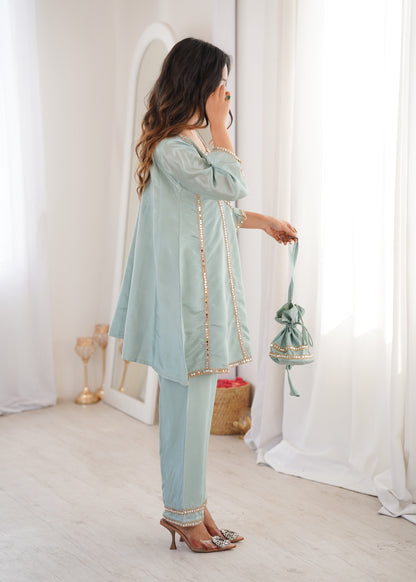 Real Mirror Work Kurti Pant Set with Batwa Bag - 2 Piece Suit