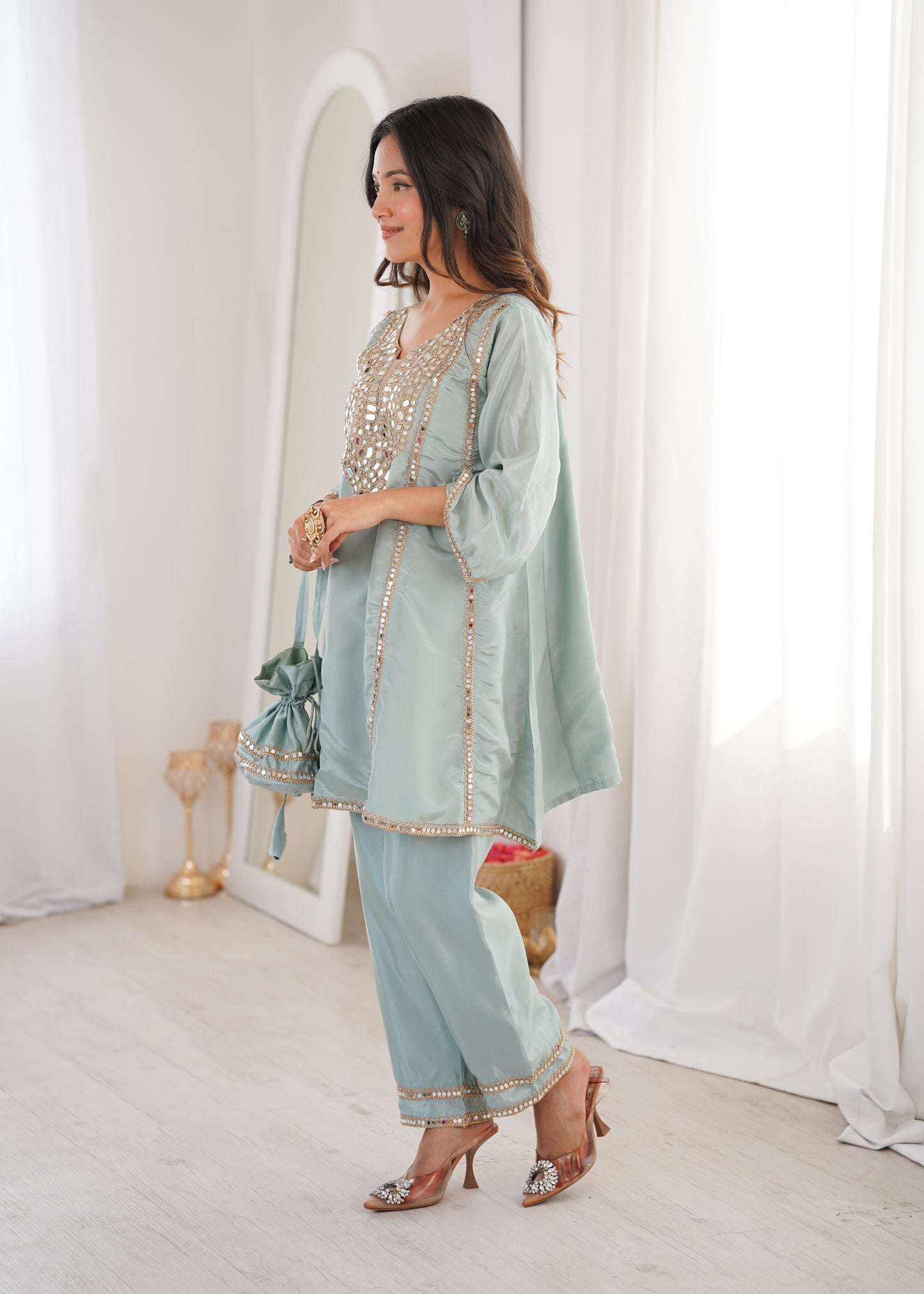 Real Mirror Work Kurti Pant Set with Batwa Bag - 2 Piece Suit
