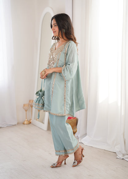 Real Mirror Work Kurti Pant Set with Batwa Bag - 2 Piece Suit