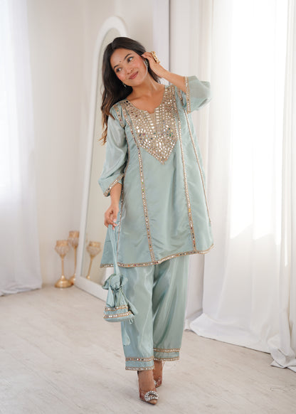 Real Mirror Work Kurti Pant Set with Batwa Bag - 2 Piece Suit