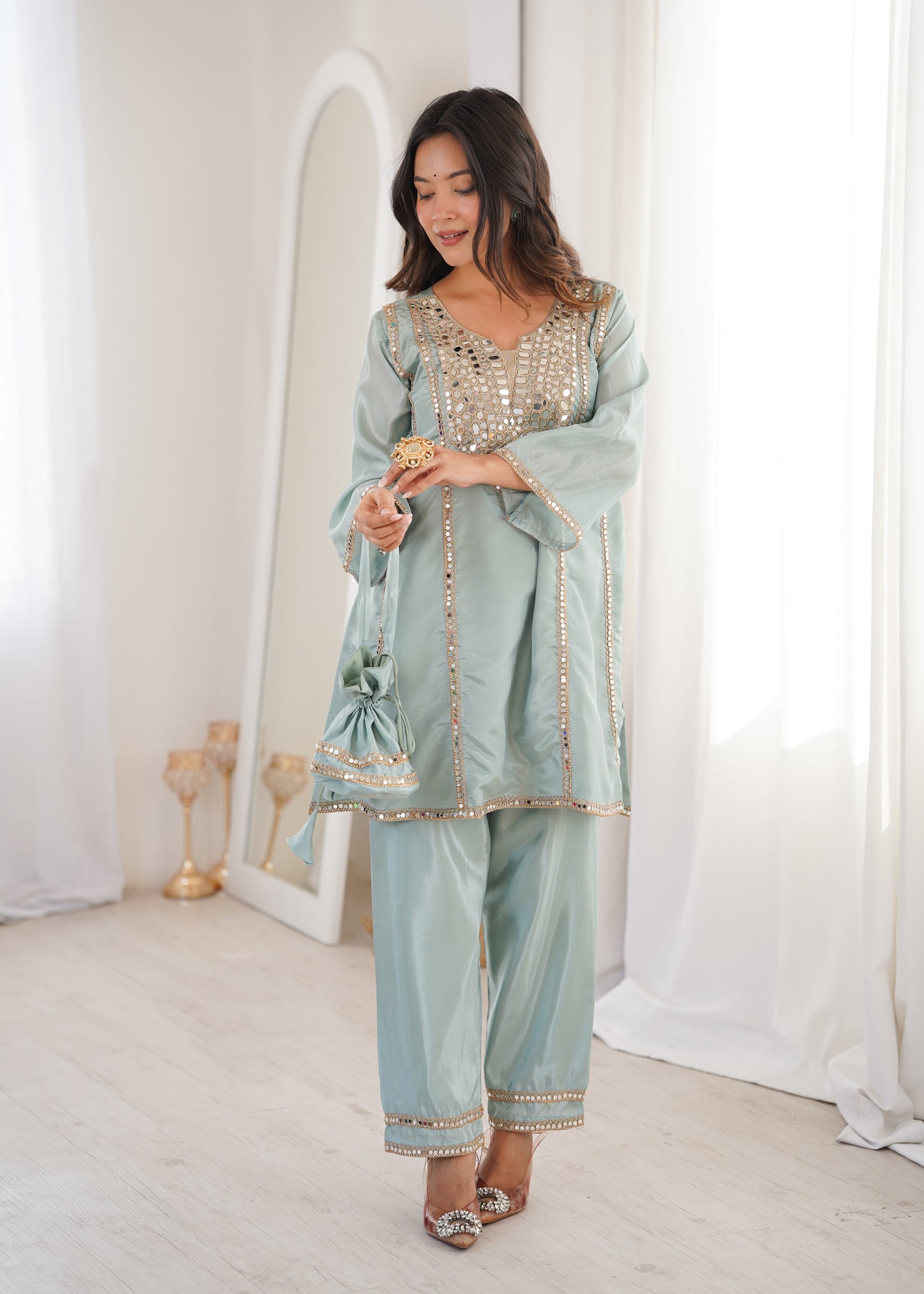 Real Mirror Work Kurti Pant Set with Batwa Bag - 2 Piece Suit