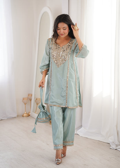 Real Mirror Work Kurti Pant Set with Batwa Bag - 2 Piece Suit