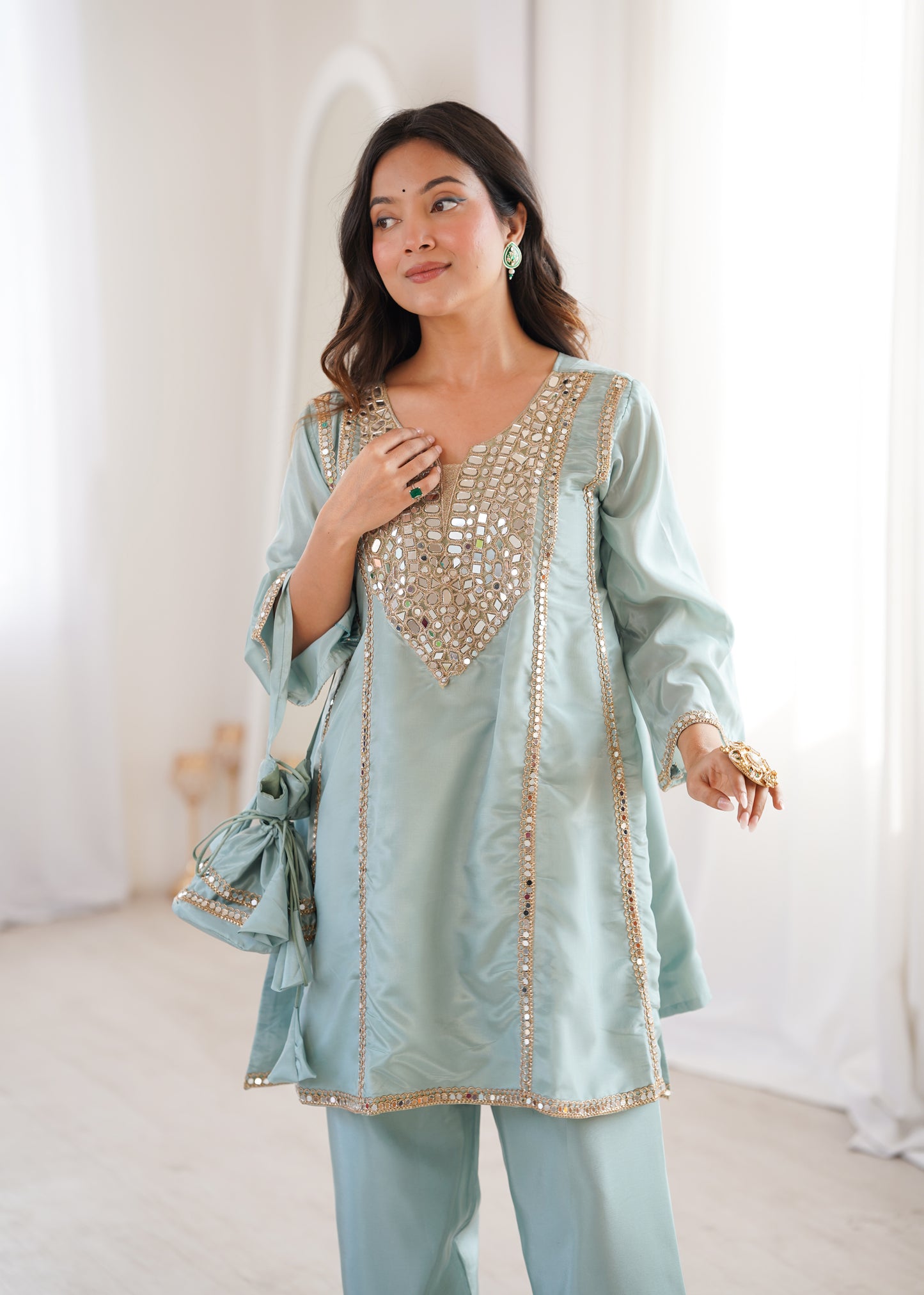 Real Mirror Work Kurti Pant Set with Batwa Bag - 2 Piece Suit