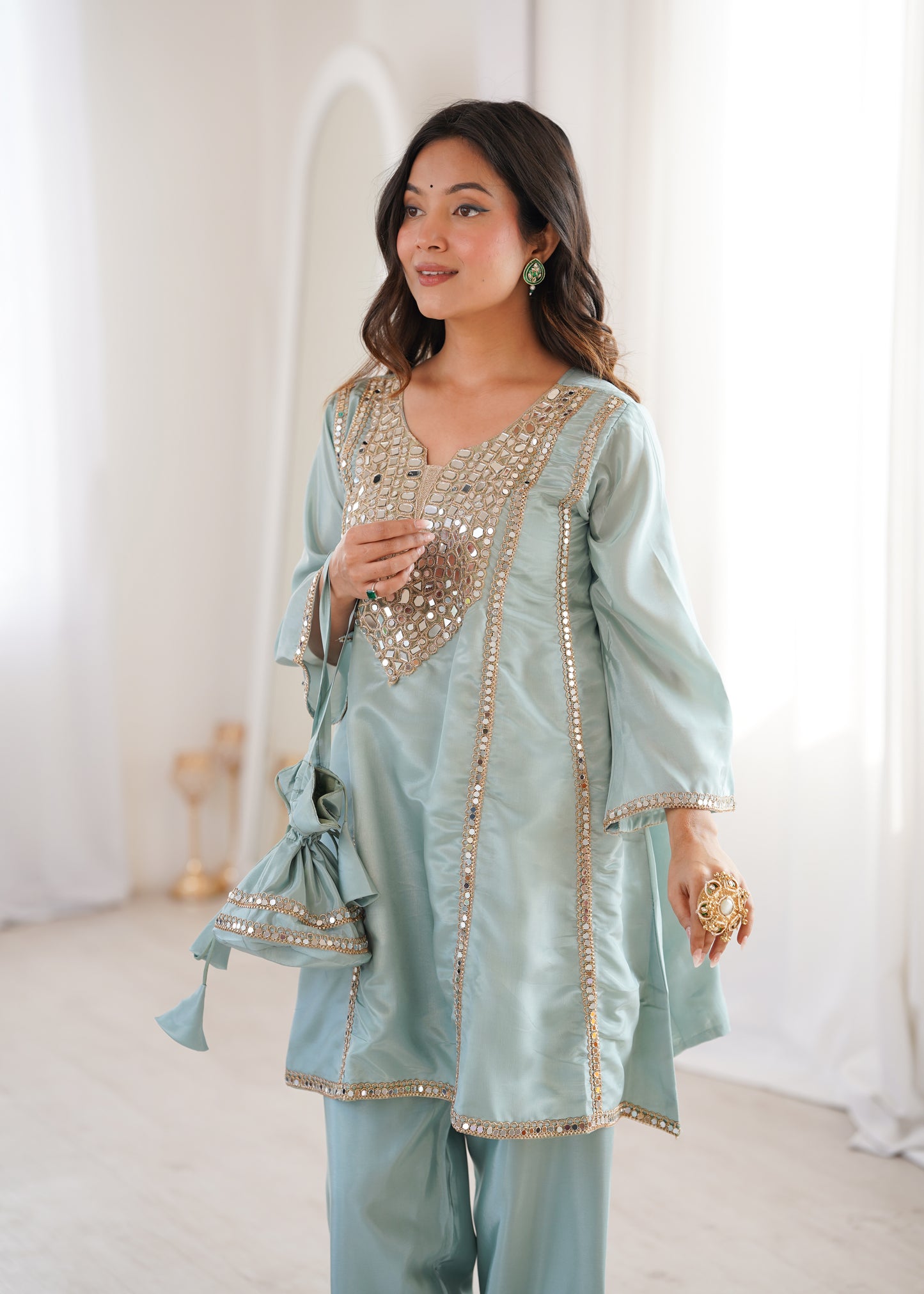 Real Mirror Work Kurti Pant Set with Batwa Bag - 2 Piece Suit