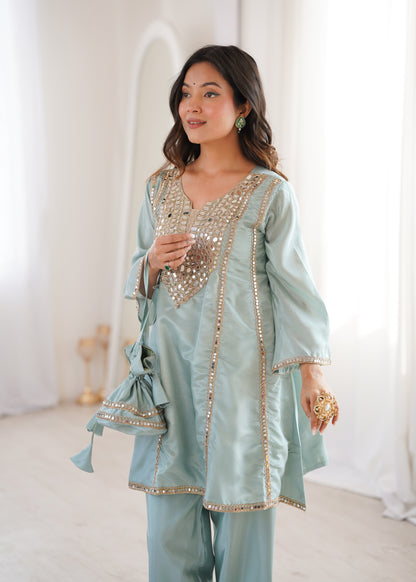 Real Mirror Work Kurti Pant Set with Batwa Bag - 2 Piece Suit