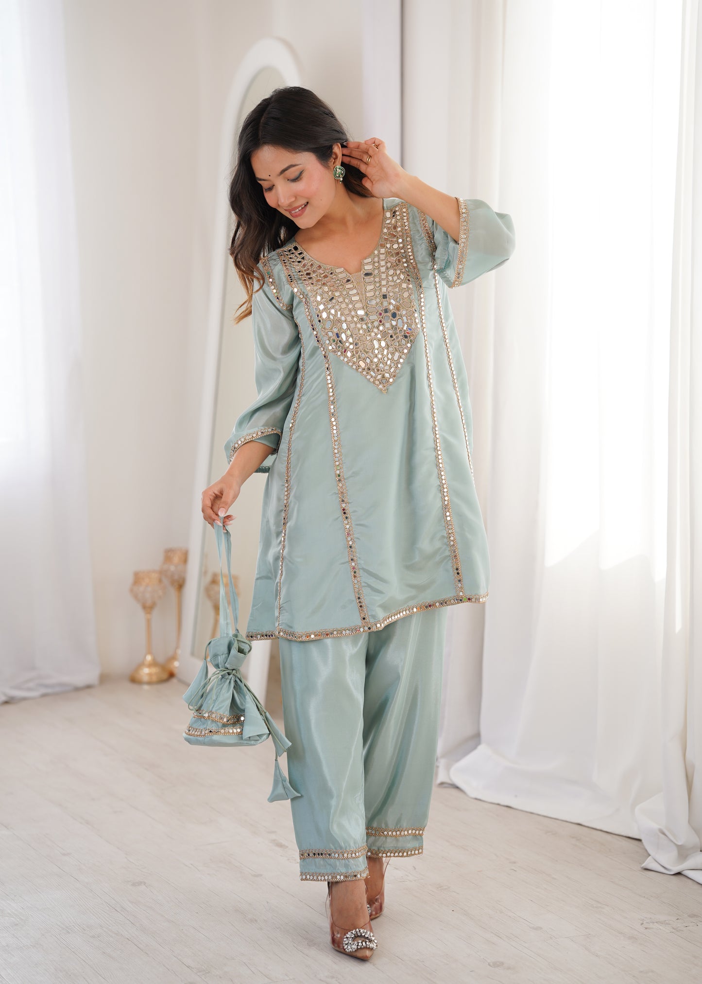 Real Mirror Work Kurti Pant Set with Batwa Bag - 2 Piece Suit