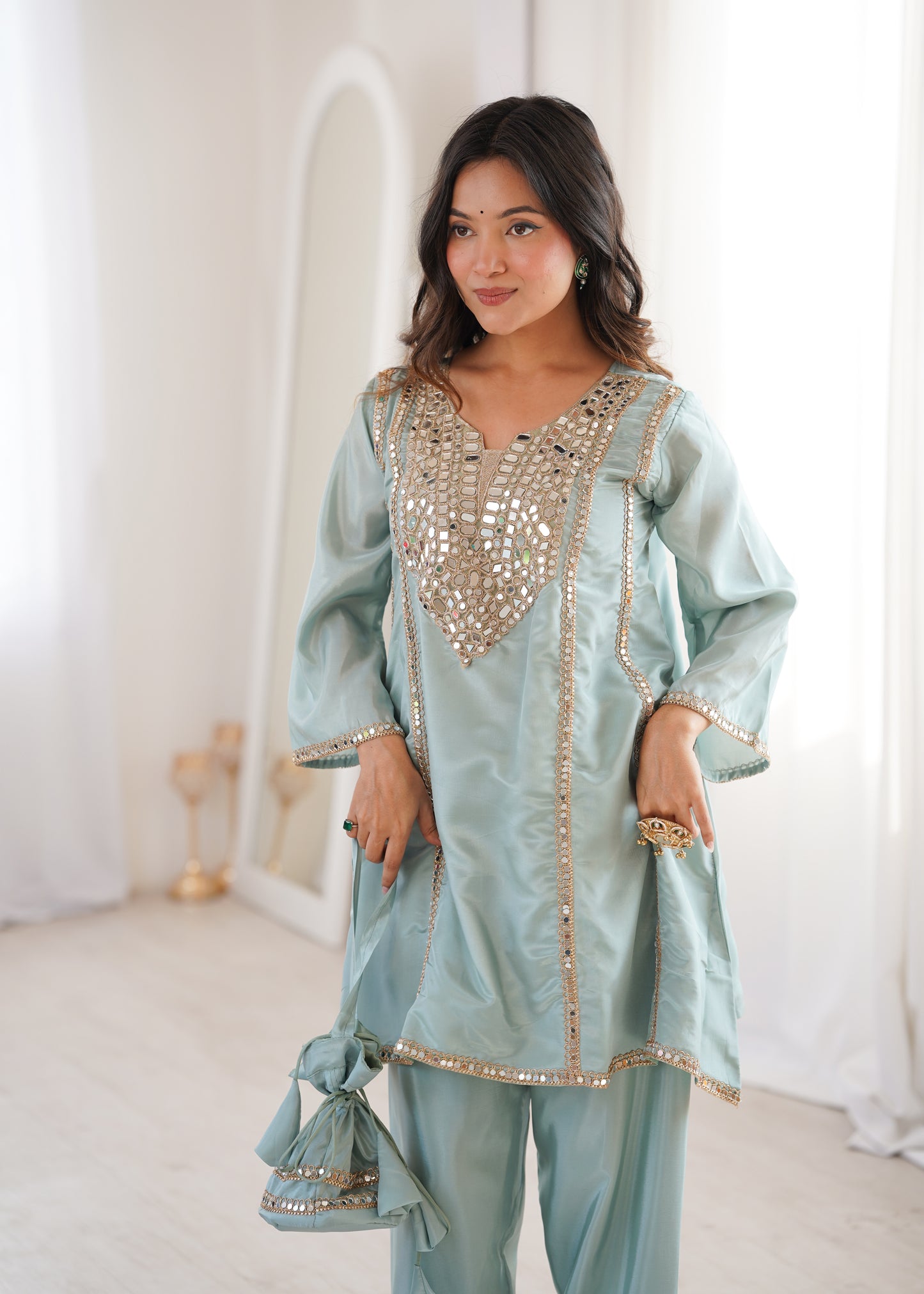 Real Mirror Work Kurti Pant Set with Batwa Bag - 2 Piece Suit