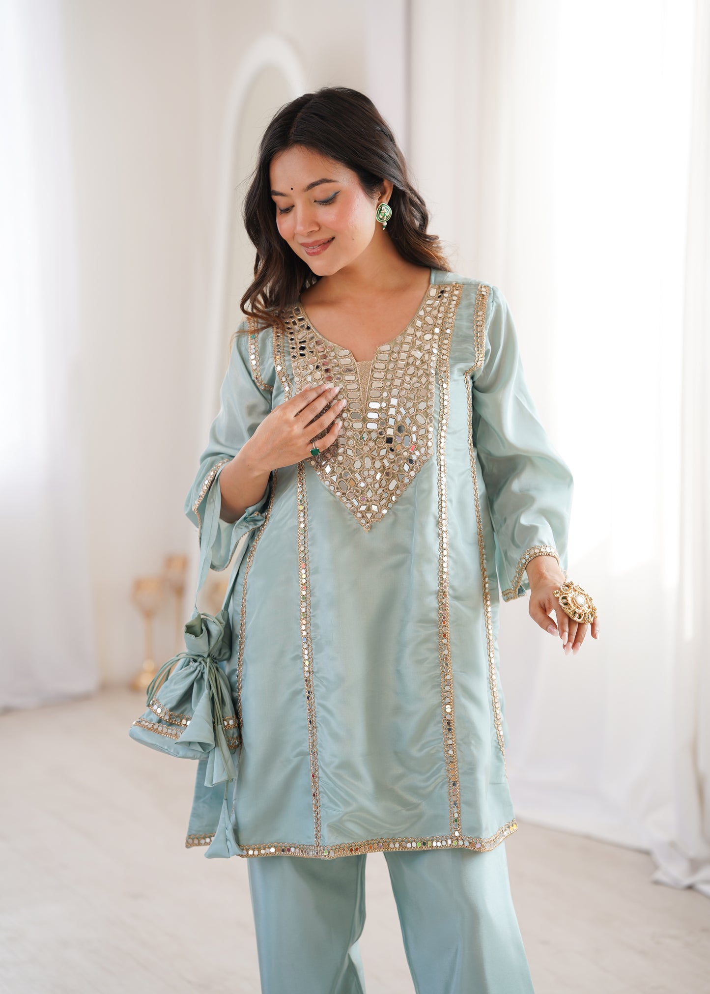 Real Mirror Work Kurti Pant Set with Batwa Bag - 2 Piece Suit