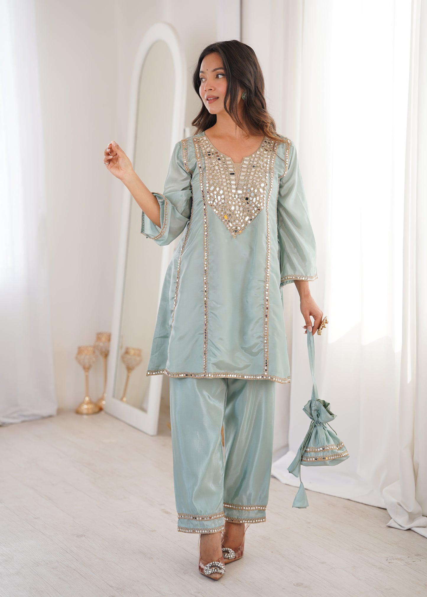 Real Mirror Work Kurti Pant Set with Batwa Bag - 2 Piece Suit