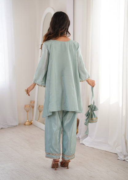 Real Mirror Work Kurti Pant Set with Batwa Bag - 2 Piece Suit