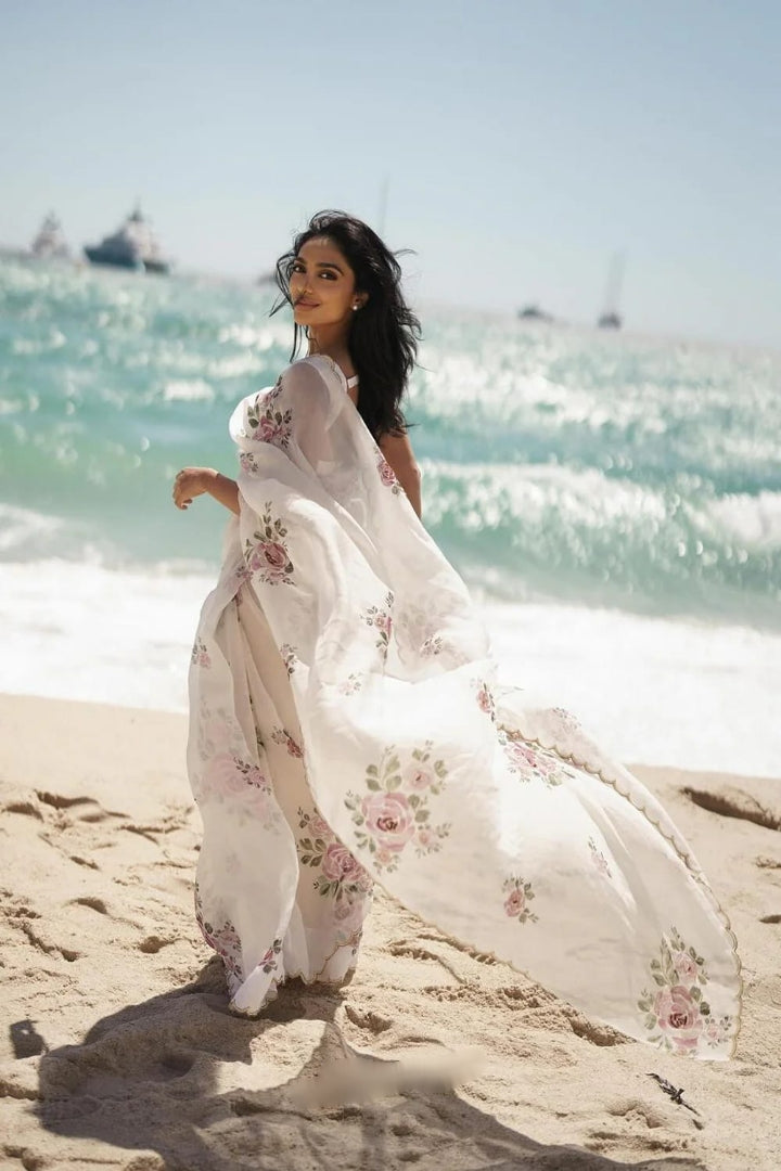 Floral Organza Ready to Wear Saree with Stitched Blouse