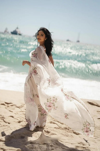Floral Organza Ready to Wear Saree with Stitched Blouse