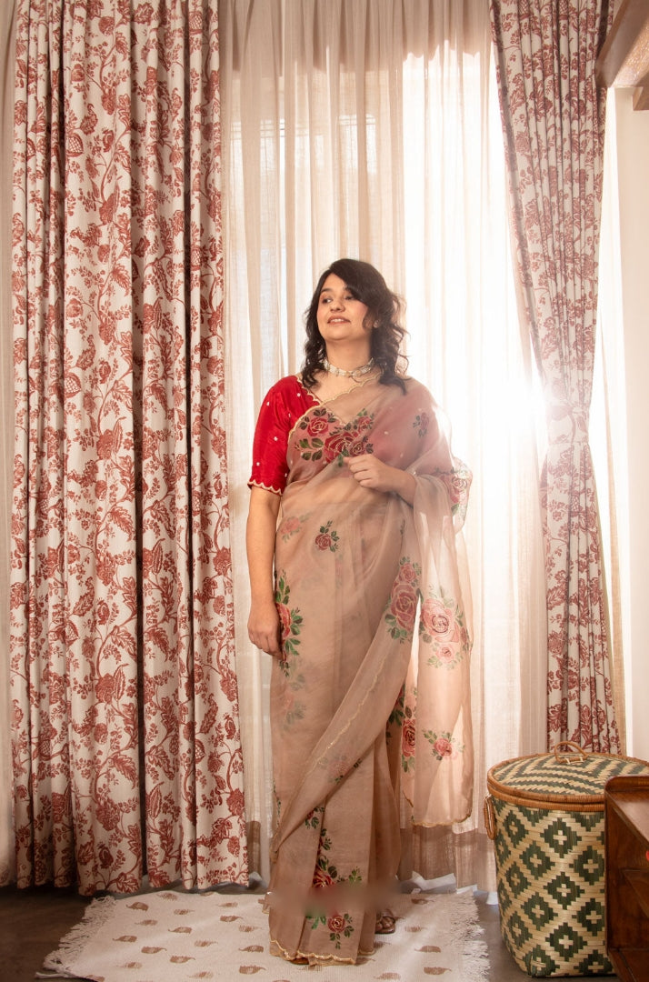 Floral Organza Ready to Wear Saree with Stitched Blouse