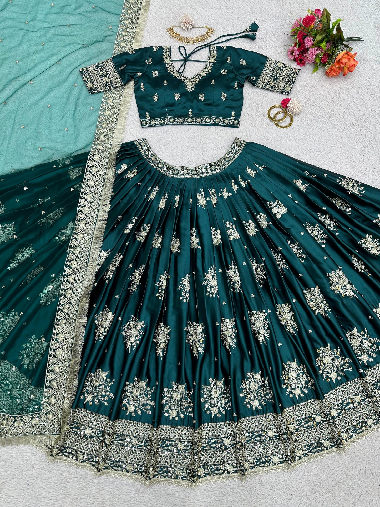 Emerald Green Embroidered Japan Satin Wedding Lehenga Choli