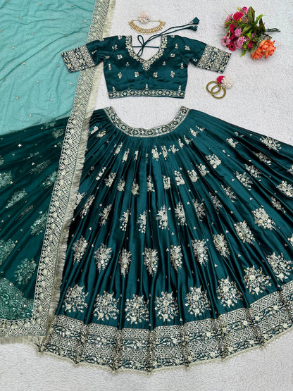 Emerald Green Embroidered Japan Satin Wedding Lehenga Choli