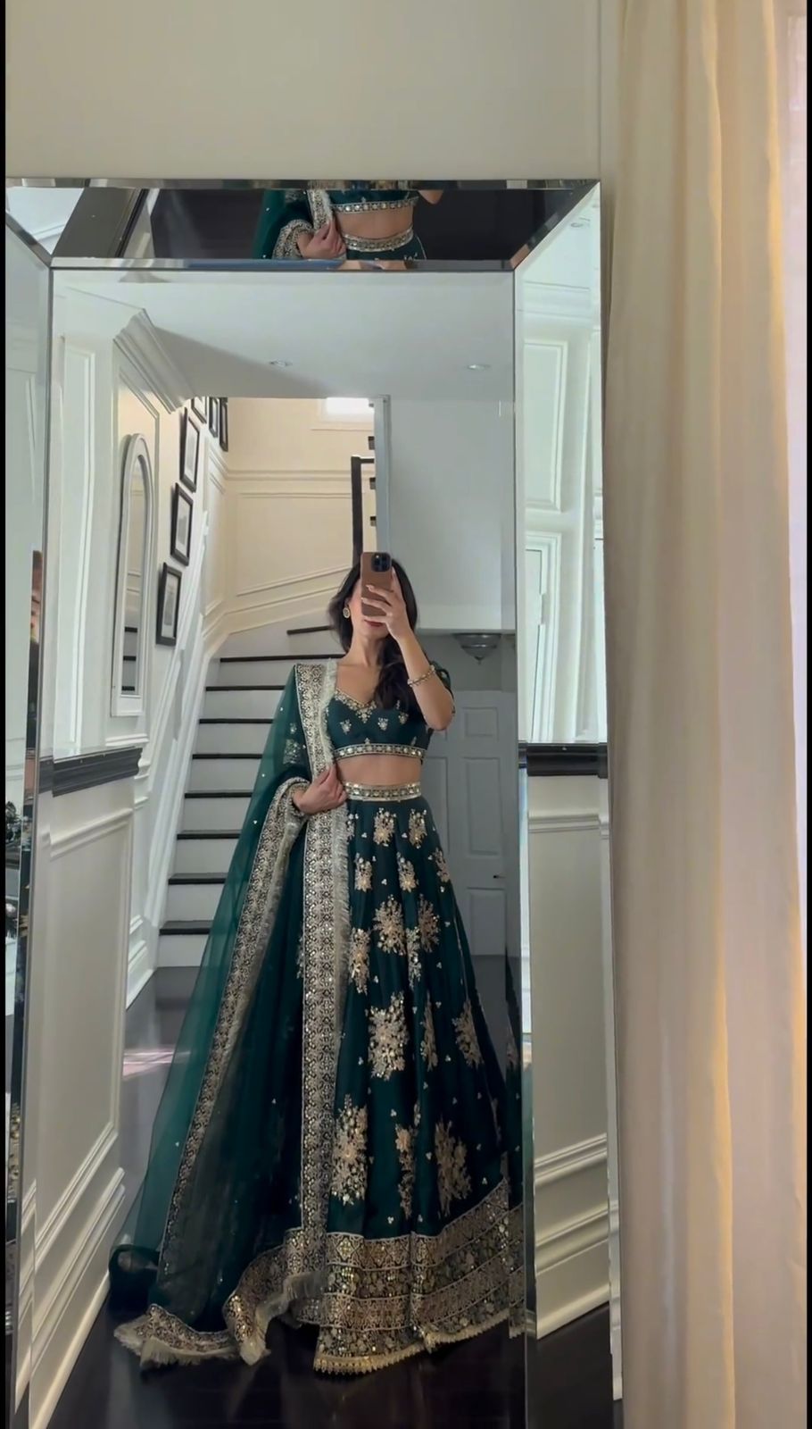 Emerald Green Embroidered Japan Satin Wedding Lehenga Choli