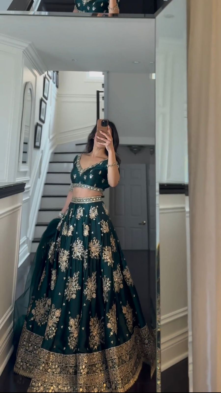 Emerald Green Embroidered Japan Satin Wedding Lehenga Choli