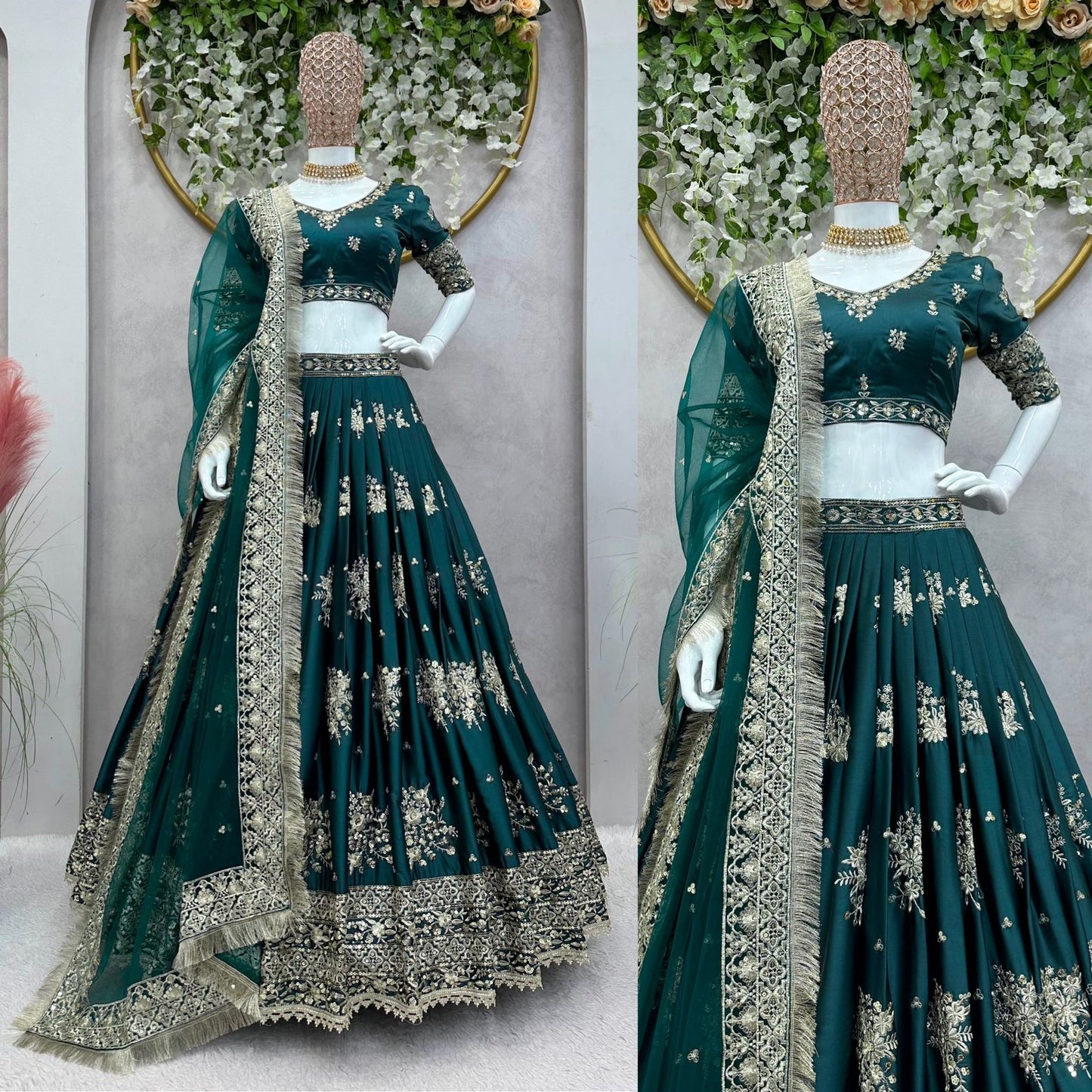 Emerald Green Embroidered Japan Satin Wedding Lehenga Choli