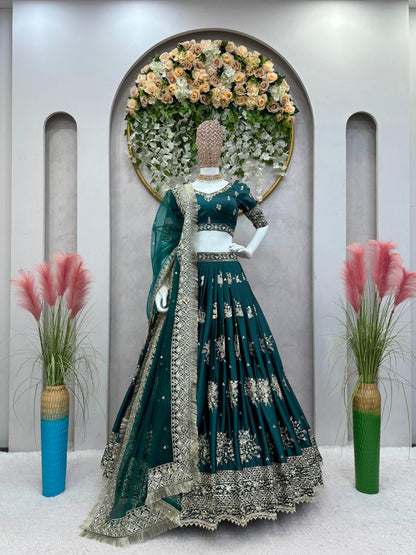 Emerald Green Embroidered Japan Satin Wedding Lehenga Choli