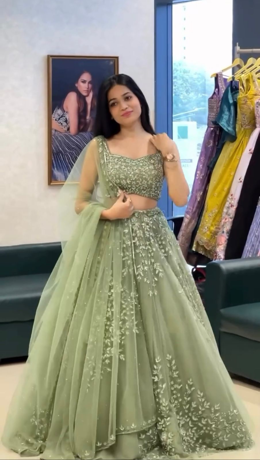 Sage Green Butterfly Net Lehenga Choli with Sequence Work