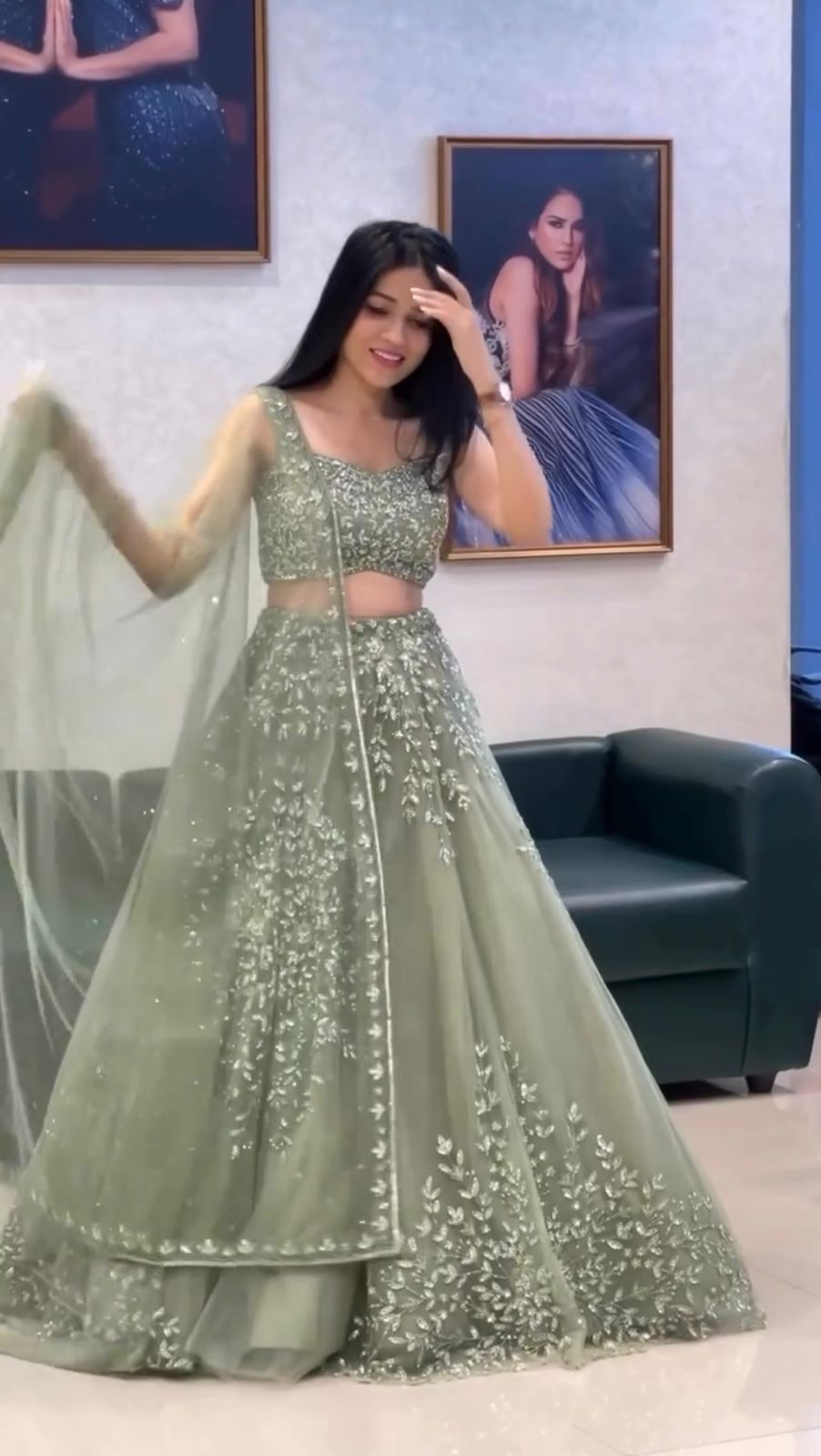 Sage Green Butterfly Net Lehenga Choli with Sequence Work