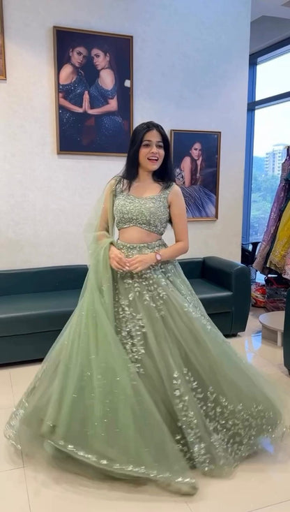 Sage Green Butterfly Net Lehenga Choli with Sequence Work