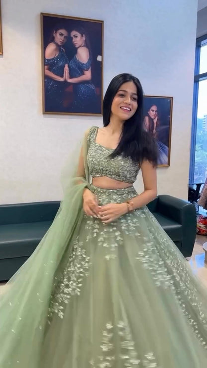 Sage Green Butterfly Net Lehenga Choli with Sequence Work