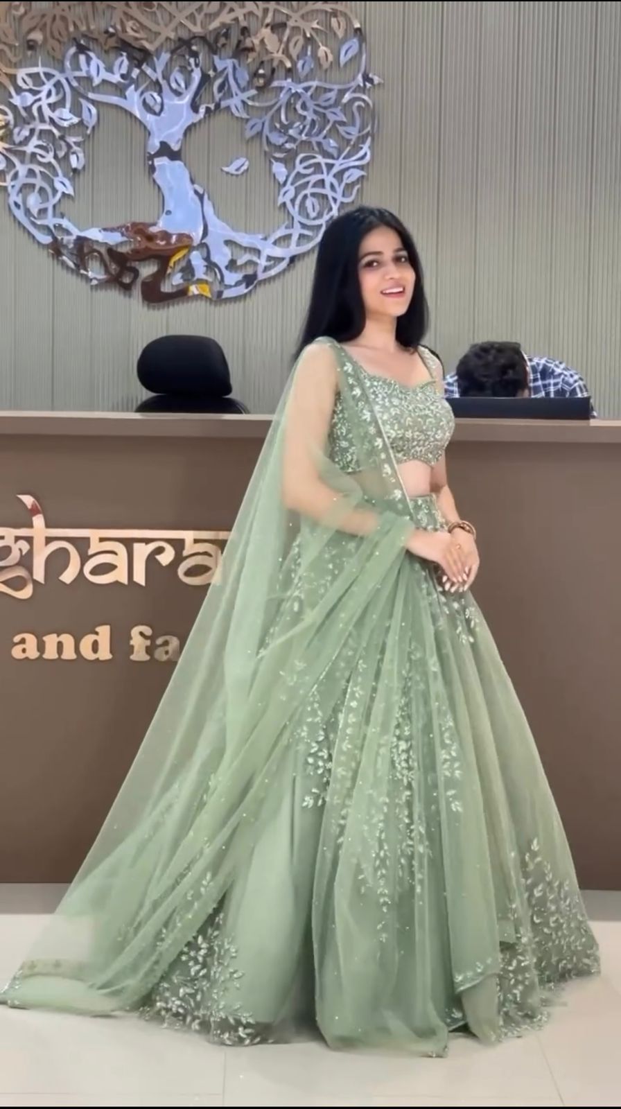 Sage Green Butterfly Net Lehenga Choli with Sequence Work
