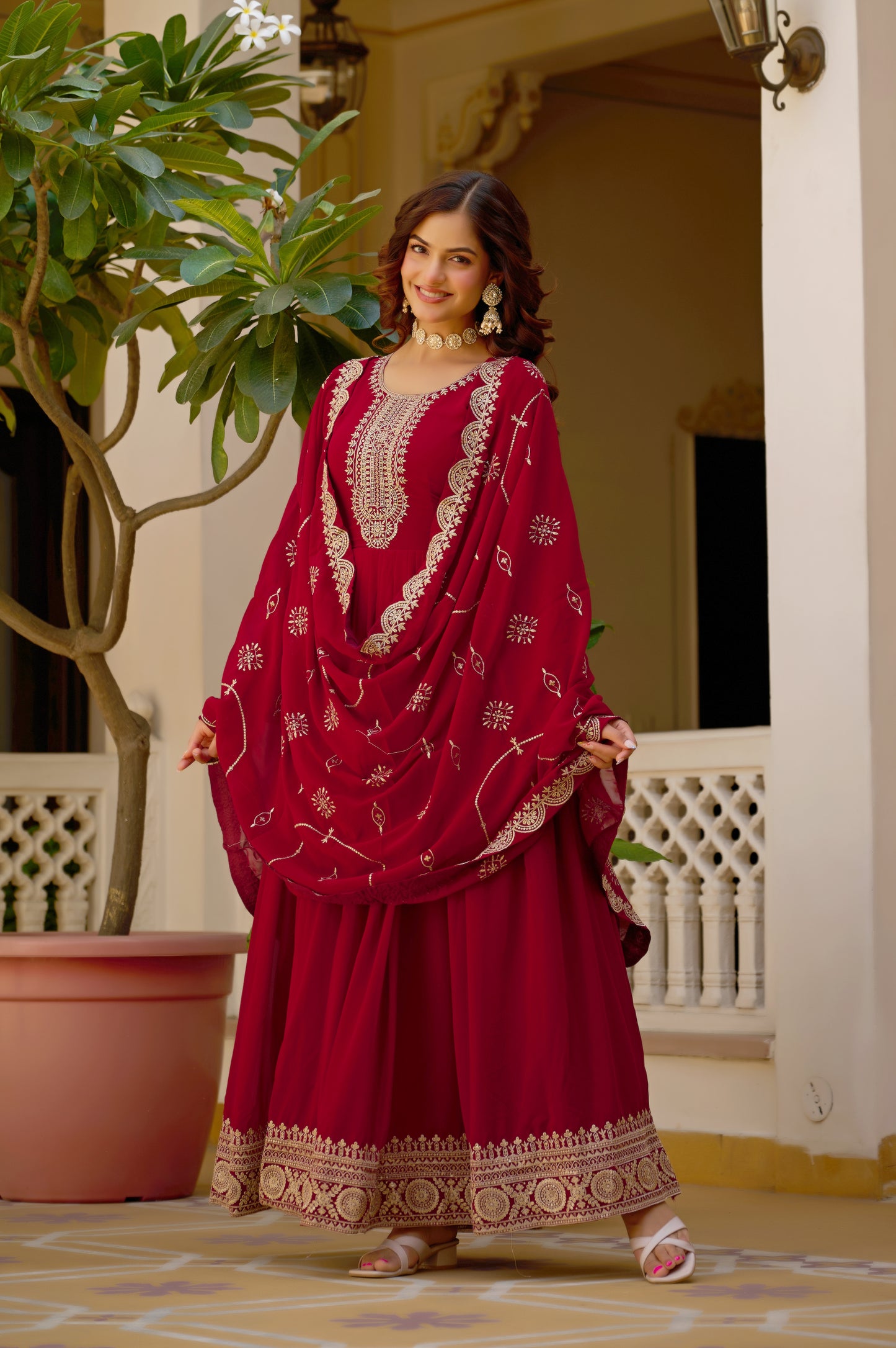 Maroon Sequins Embroidered Party Wear Salwar Suit Gown
