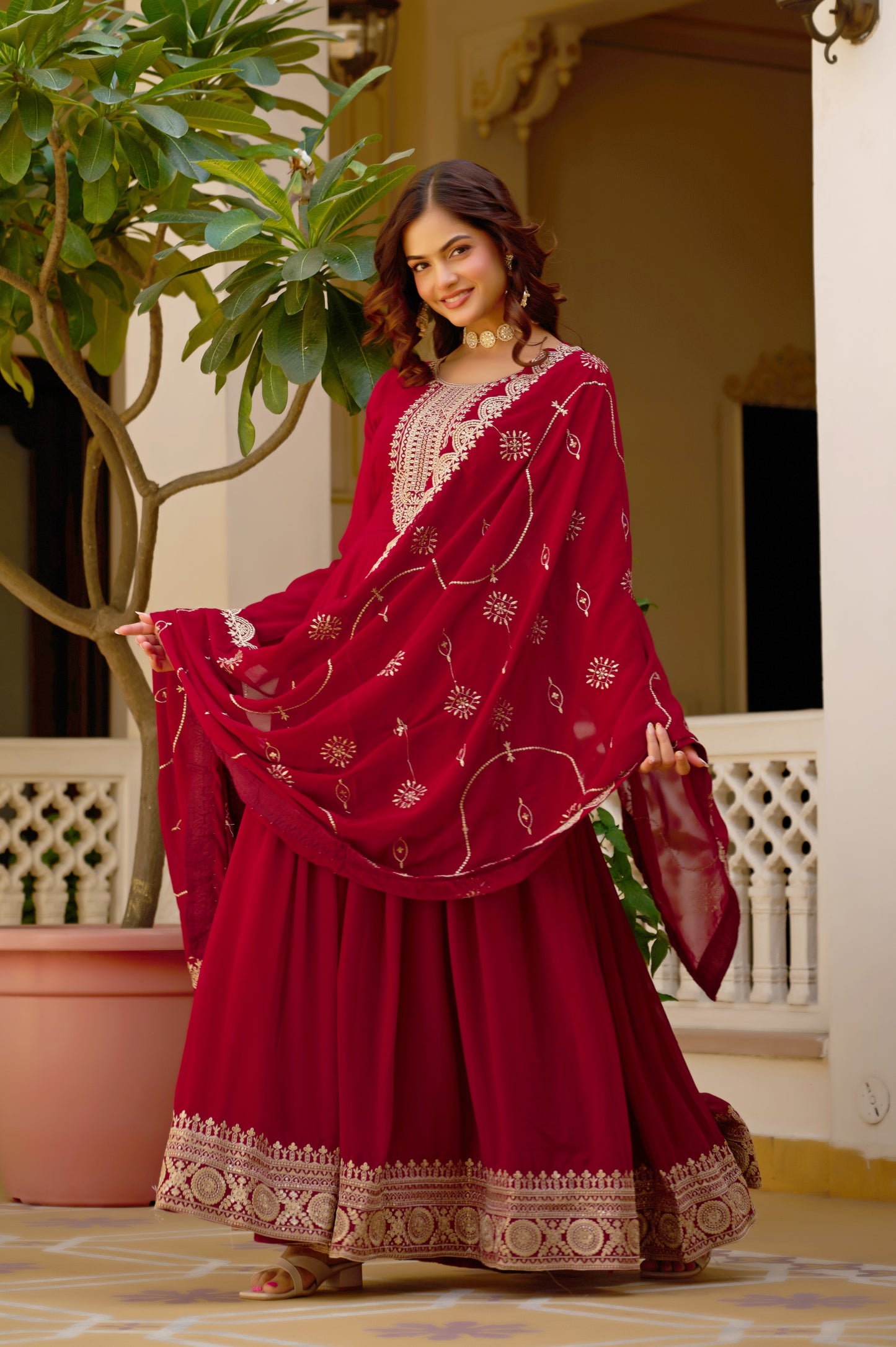 Maroon Sequins Embroidered Party Wear Salwar Suit Gown