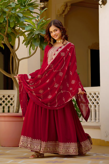 Maroon Sequins Embroidered Party Wear Salwar Suit Gown