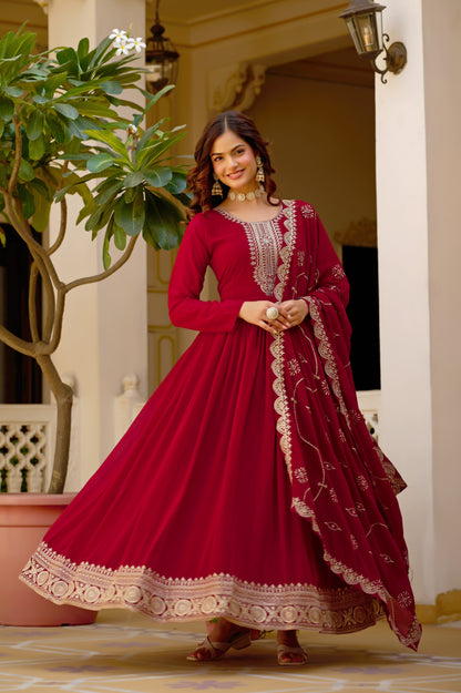 Maroon Sequins Embroidered Party Wear Salwar Suit Gown