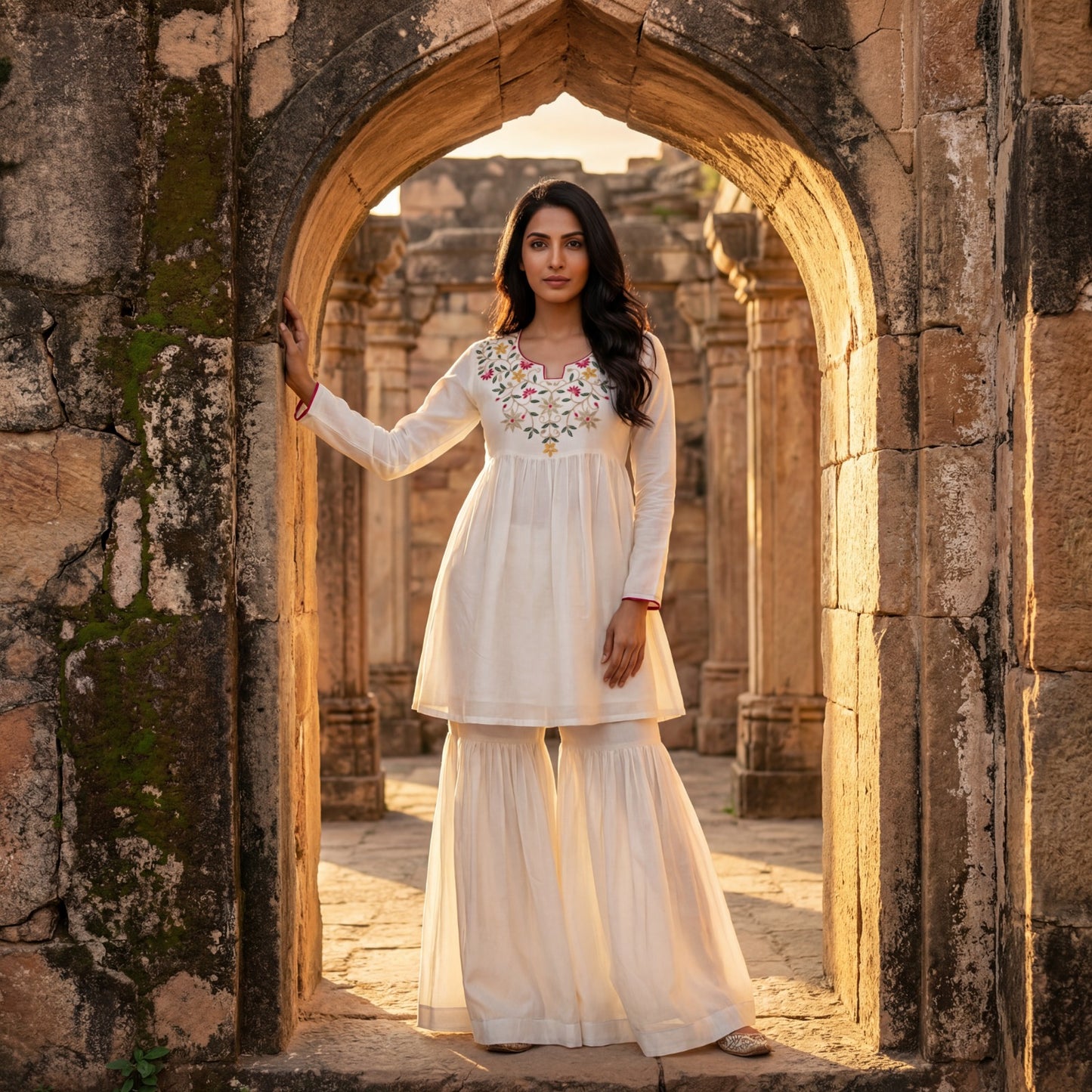 White Embroidered Kurta Palazzo Set with Sharara Pants