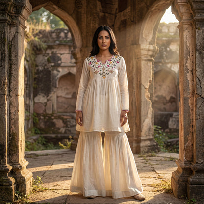 White Embroidered Kurta Palazzo Set with Sharara Pants