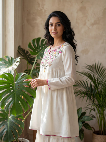White Embroidered Kurta Palazzo Set with Sharara Pants