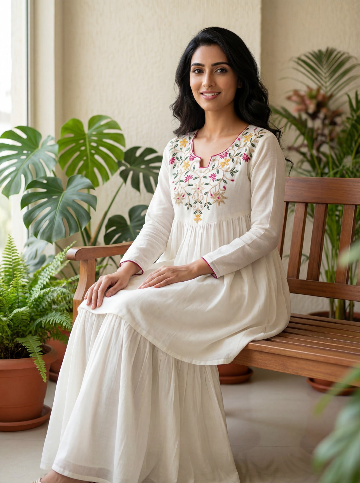 White Embroidered Kurta Palazzo Set with Sharara Pants