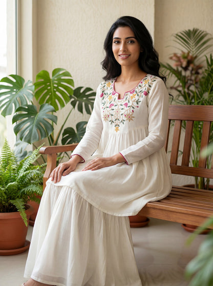 White Embroidered Kurta Palazzo Set with Sharara Pants