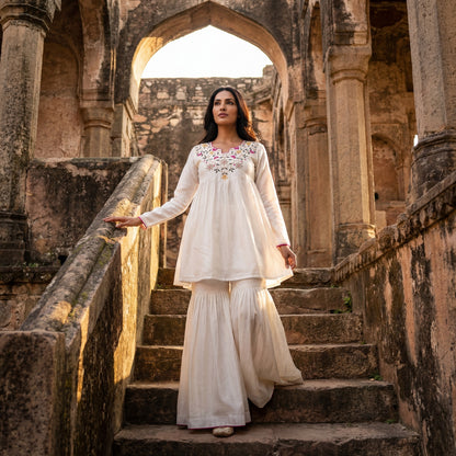 White Embroidered Kurta Palazzo Set with Sharara Pants