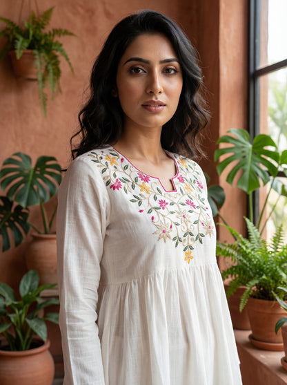 White Embroidered Kurta Palazzo Set with Sharara Pants
