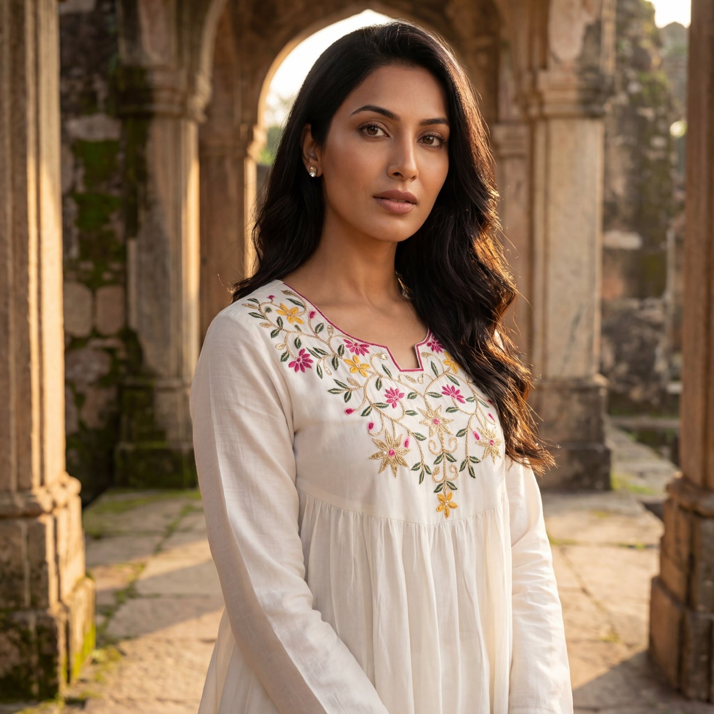 White Embroidered Kurta Palazzo Set with Sharara Pants