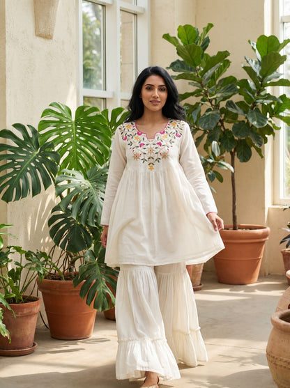 White Embroidered Kurta Palazzo Set with Sharara Pants